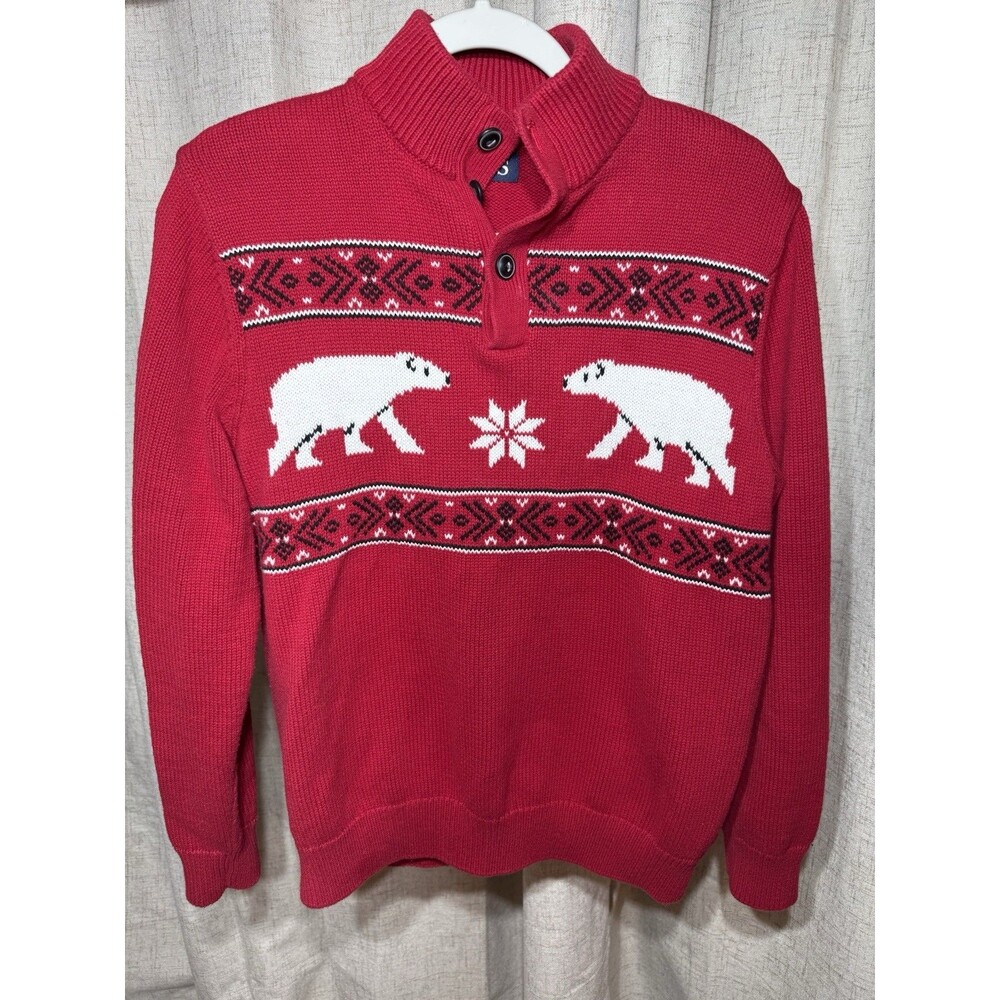 Men’s Polar Bear Sweater Chaps Small Red Fair Isle Polar Bear Cotton Winter Snow